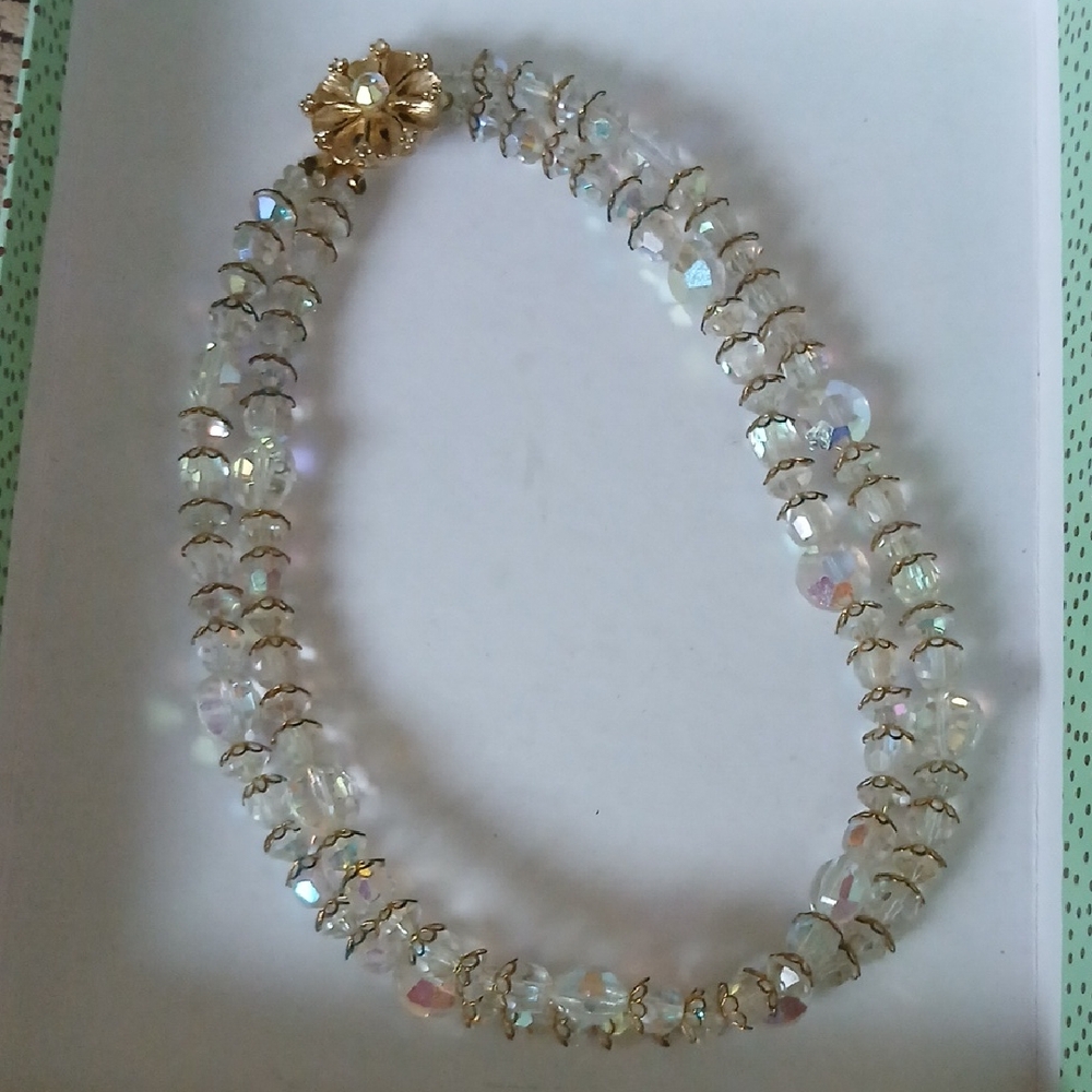 Elegant Gold and Iridescent Vintage Crystal Double Strand Bead Necklace